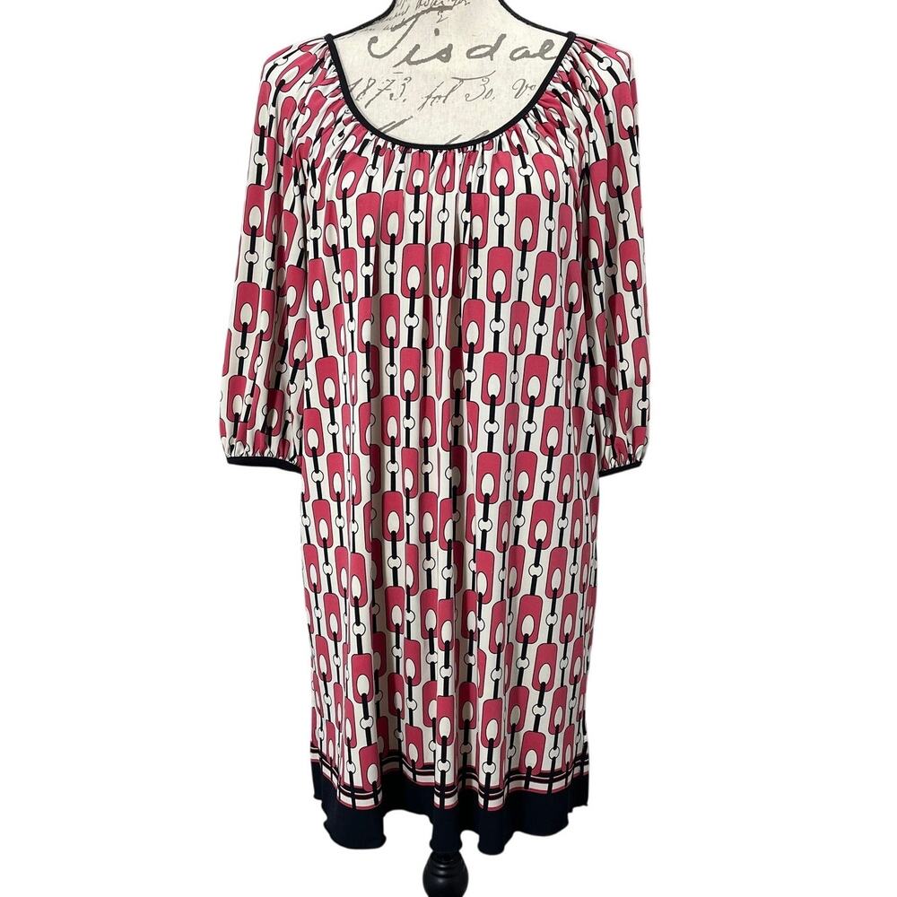 Vintage Y2K Max Studio Speciality Boho Chain Print Tunic Dress Casual 3/4 Sleeve